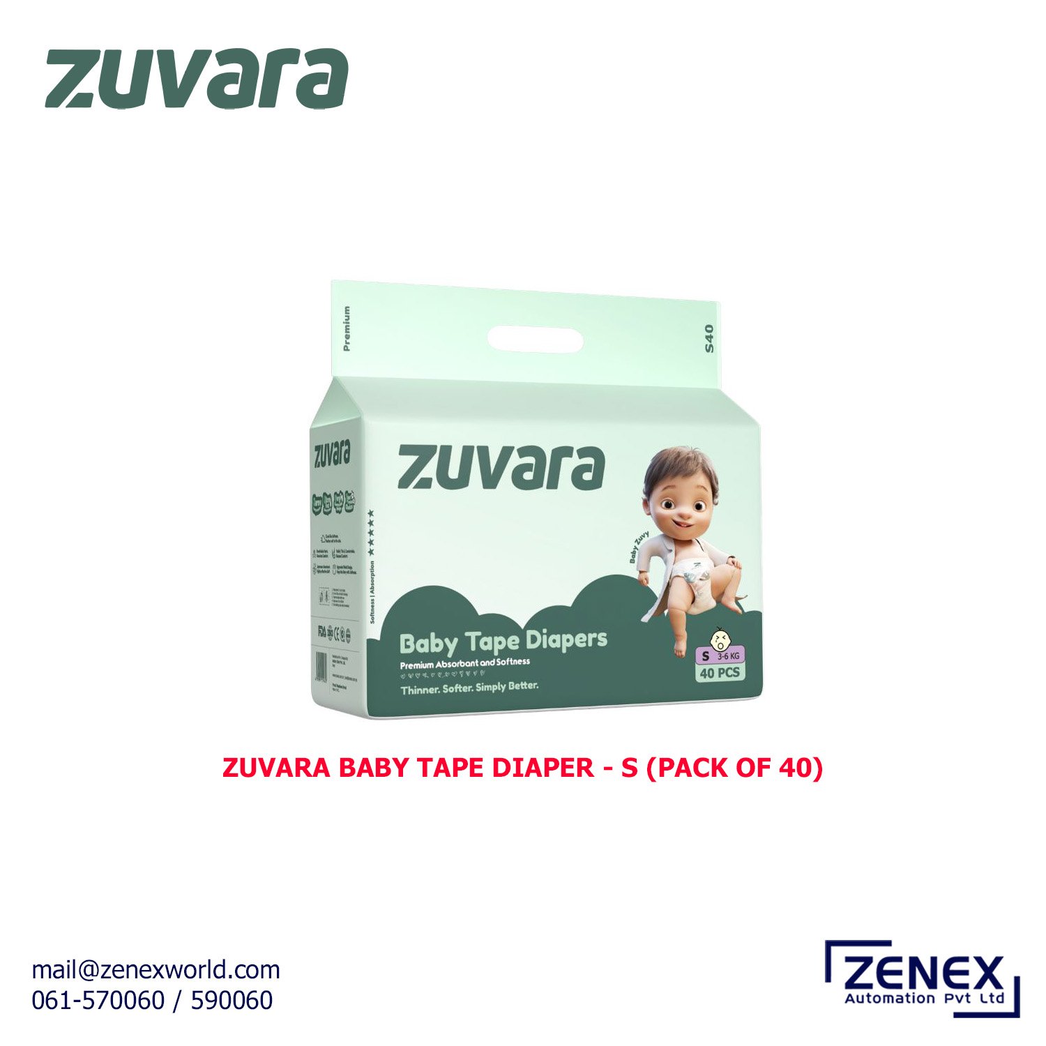 Zenex-Zuvara-Baby-Tape-Diaper-S(Pack Of 40)_1 ZUVARA BABY TAPE DIAPER - S (PACK OF 40) - Image 1