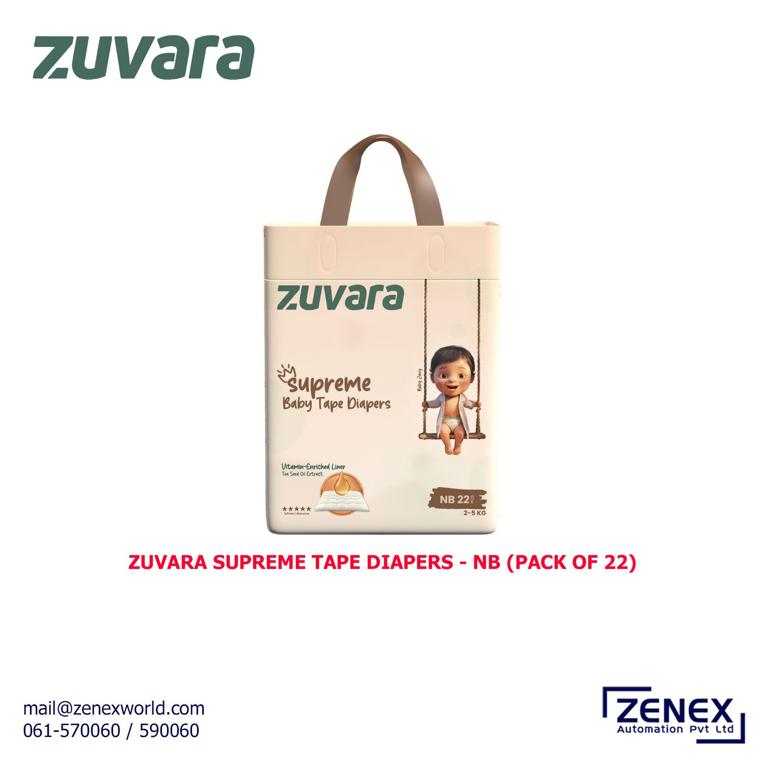Zenex-Zuvara-Supreme-Tape-Diapers-NB(Pack Of 22)_1 ZUVARA SUPREME TAPE DIAPERS - NewBorn (PACK OF 22) - Image 1