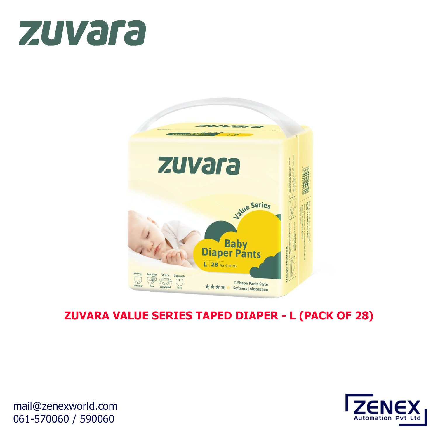 Zenex-Zuvara-Value-Series-Taped-Diaper-L(Pack Of 28)_1 ZUVARA VALUE SERIES TAPED DIAPER - L (PACK OF 28) - Image 1
