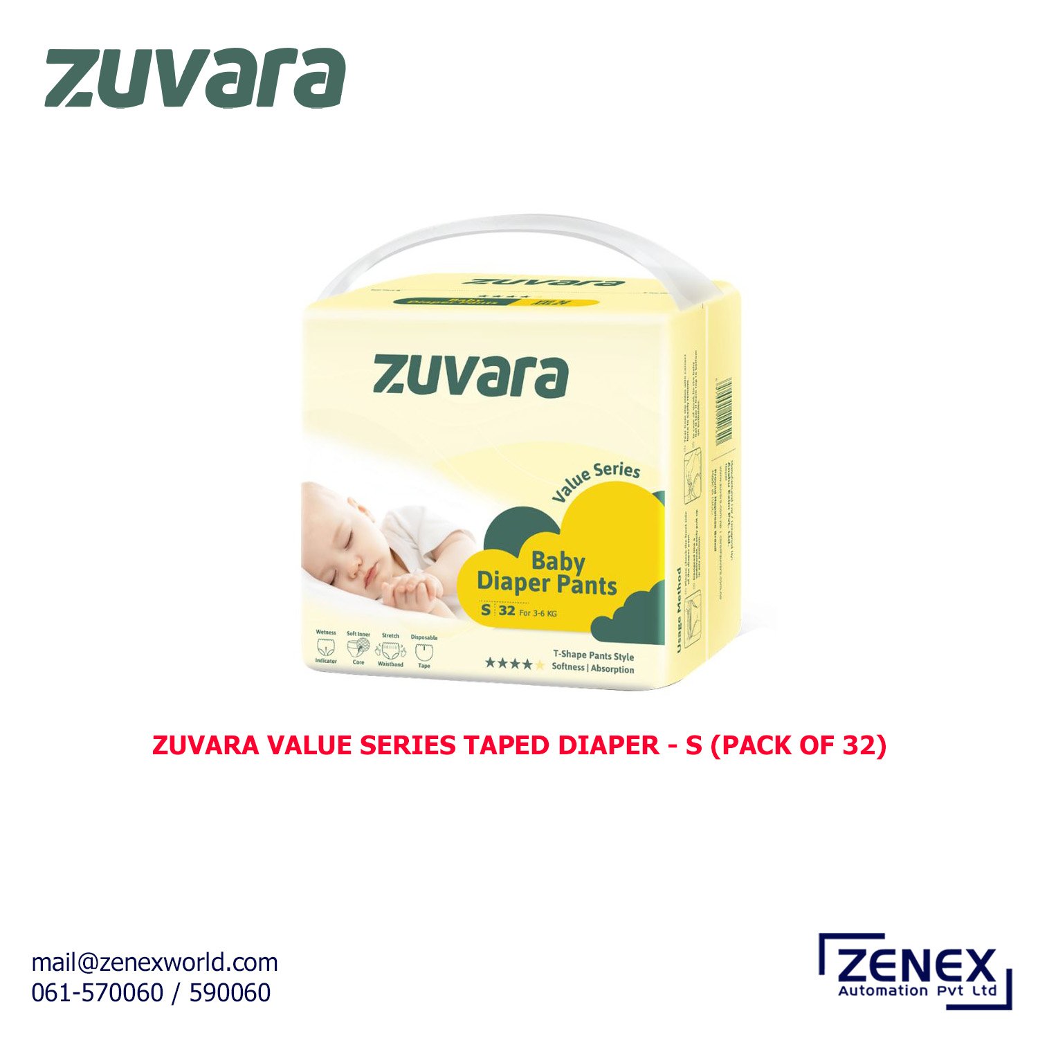 Zenex-Zuvara-Value-Series-Taped-Diaper-S(Pack Of 32)_1 ZUVARA VALUE SERIES TAPED DIAPER - S (PACK OF 32) - Image 1