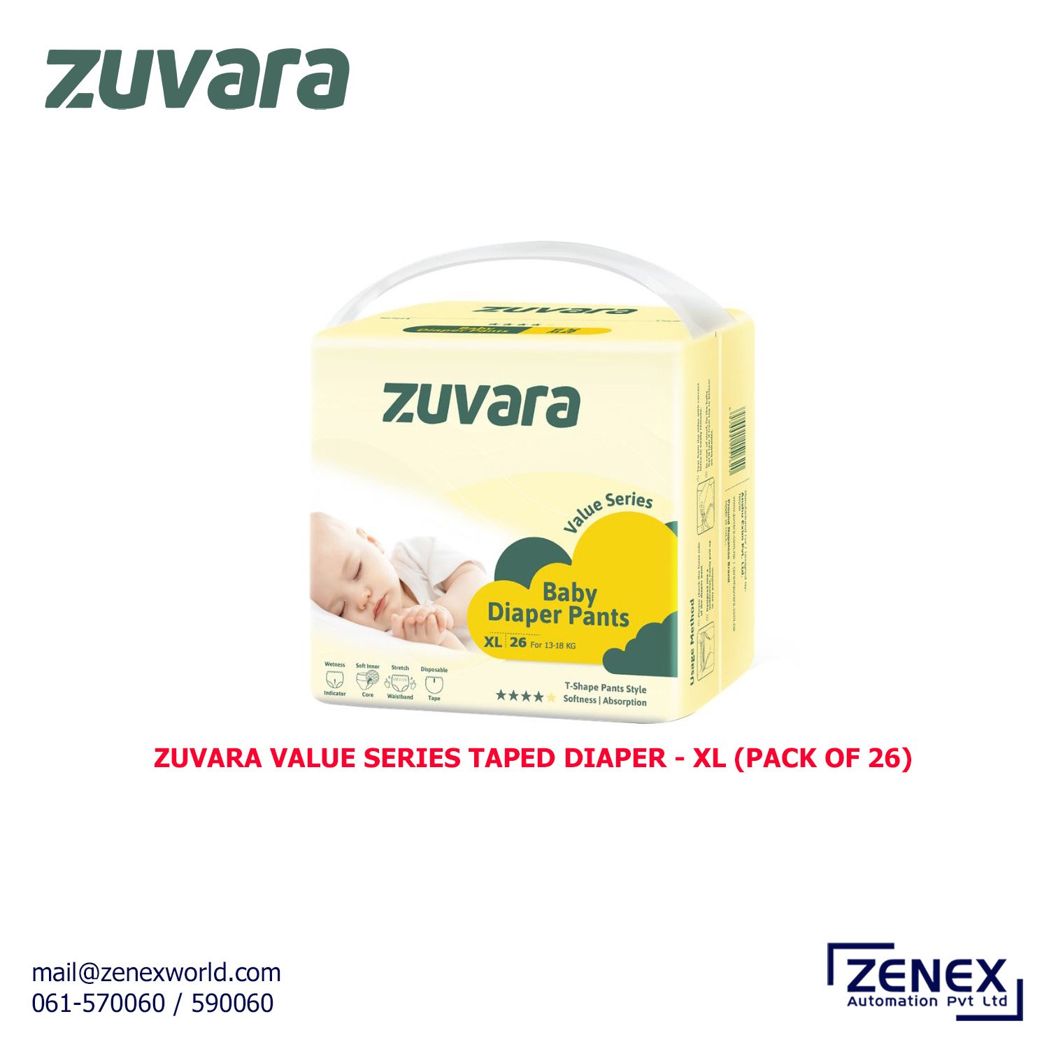 Zenex-Zuvara-Value-Series-Taped-Diaper-XL(Pack Of 26)_1 ZUVARA VALUE SERIES TAPED DIAPER - XL (PACK OF 26) - Image 1